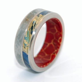 LOVE SUPERPOWER | Meteorite, Blue Box Elder Wood & Red Jasper Stone Unique Titanium Wedding Rings - Minter and Richter Designs