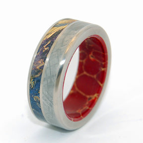 LOVE SUPERPOWER | Meteorite, Blue Box Elder Wood & Red Jasper Stone Unique Titanium Wedding Rings - Minter and Richter Designs