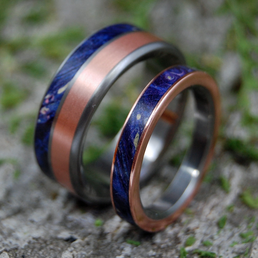 COPPER SEA TO SHORE | Copper & Blue Box Elder - Titanium Wedding Ring Set - Minter and Richter Designs
