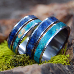 NOTHING BUT BLUE SKIES | Light Blue Box Elder & Dark Blue Box Elder - Unique Wedding Rings - Wedding Rings Set - Minter and Richter Designs