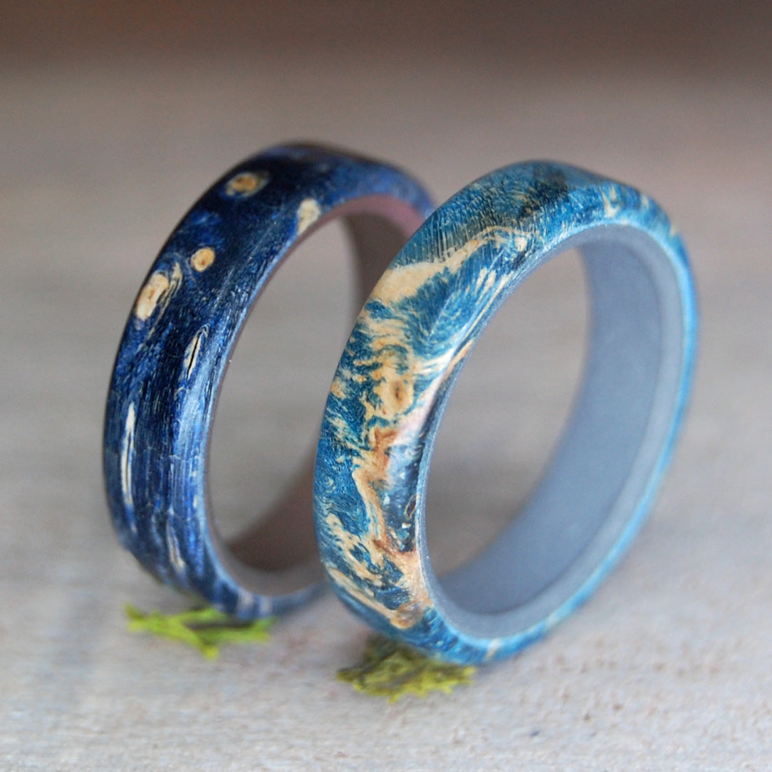 BLUE PROMISE | Blue Box Elder Wood & Titanium - Unique Wedding Rings - Wedding Rings Set - Minter and Richter Designs