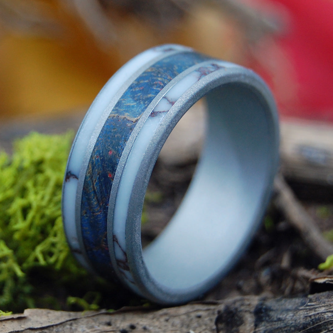 WILD RIVER | Wild Horse Jasper Stone & Blue Maple Wood - Unique Wood Wedding Ring - Minter and Richter Designs