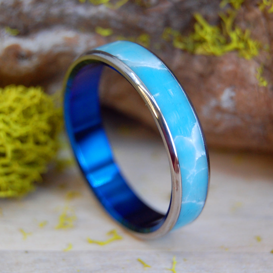 BLUE SKY WEDDING DAY | Larimar Stone - Women's Titanium Wedding Ring - Minter and Richter Designs