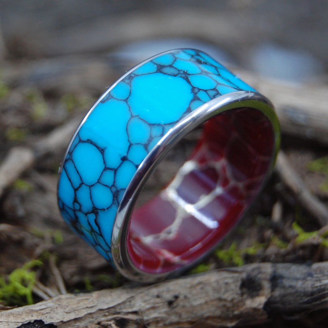 BOW TO THE KING WITH EDGES | Turquoise & Red Jasper Stone Wedding Ring - Minter and Richter Designs