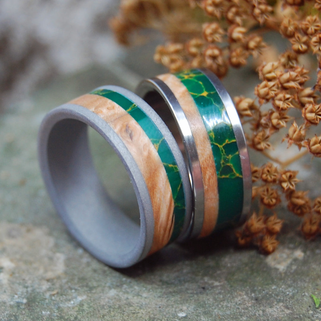 HOLD MY HAND | Egyptian Jade & Box Elder Wood Titanium Wedding Ring Set - Minter and Richter Designs
