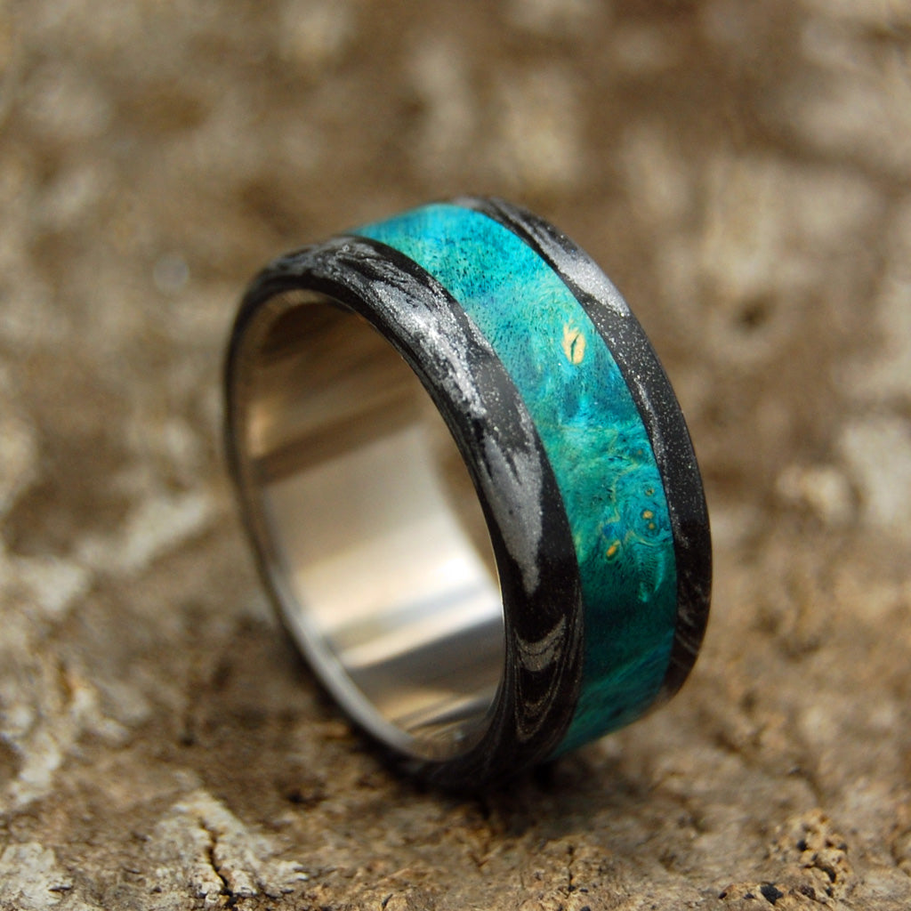 BRIGHT GREEK GOD | Turquoise Blue Box Elder Wood & Black M3 Titanium Wedding Rings - Minter and Richter Designs