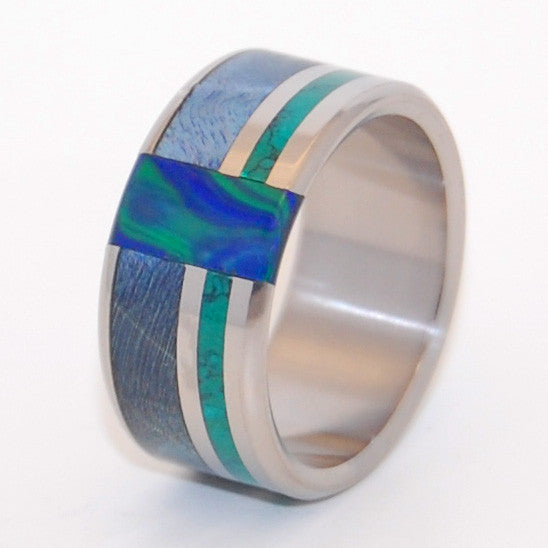 PEACOCK | Blue Box Elder Wood, Jade Stone, Azurite Malachite Stone - Wooden Wedding Rings - Minter and Richter Designs