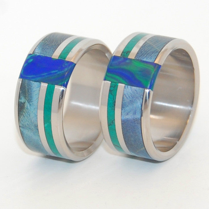 PEACOCK | Blue Box Elder Wood, Jade Stone, Azurite Malachite Stone - Wooden Wedding Rings Set - Minter and Richter Designs