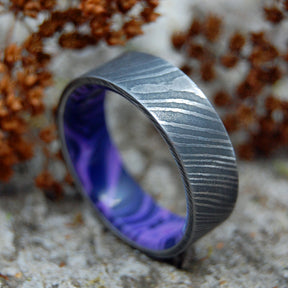 CHAROITE STONE VORTEX | Damascus Steel Damasteel & Purple Charoite Stone Wedding Ring - Minter and Richter Designs