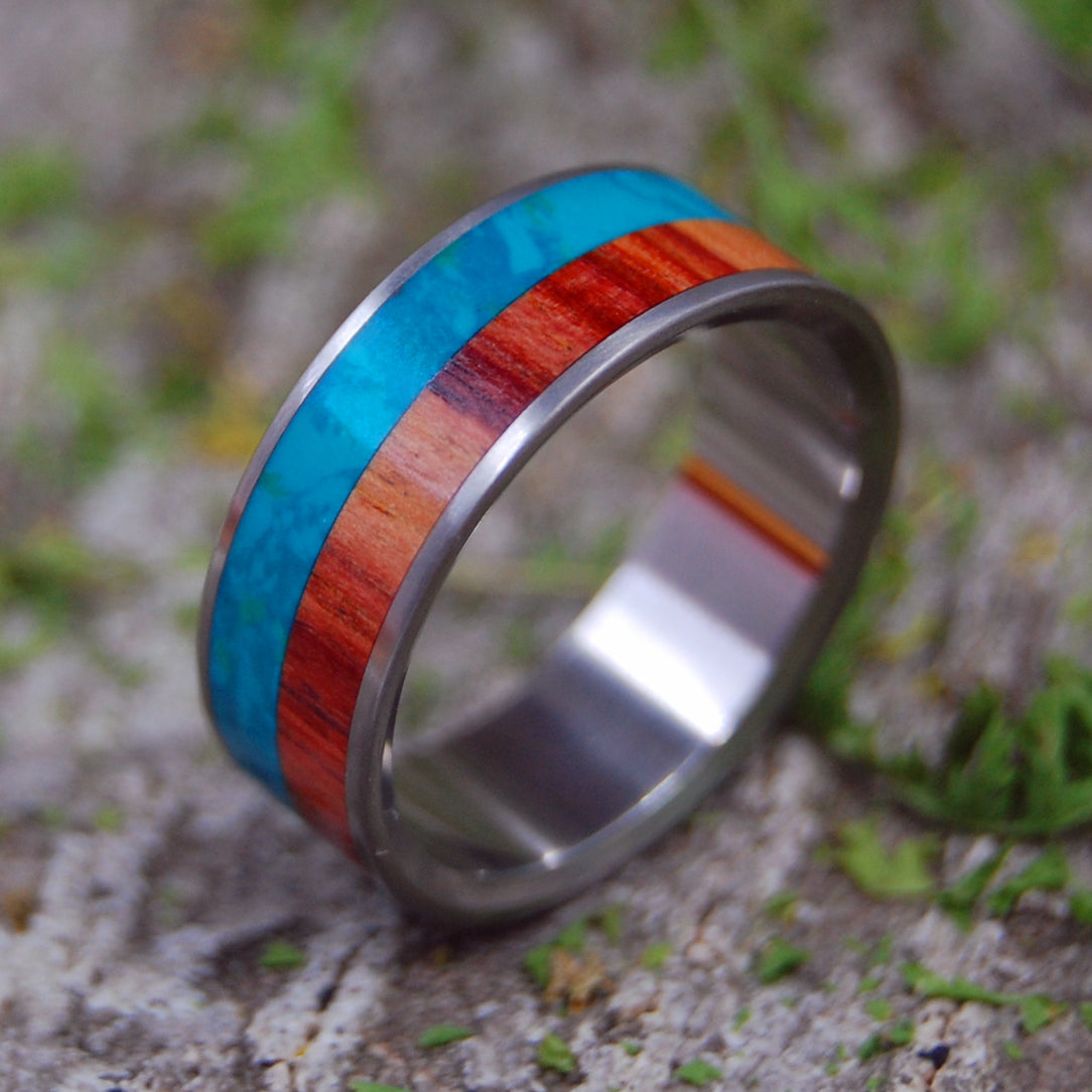 COOL SEA RICH FOREST | Tulip Wood & Chrysocolla Stone Titanium Wedding Rings - Minter and Richter Designs