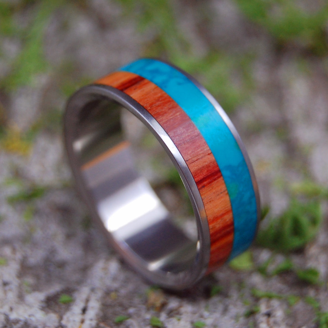 COOL SEA RICH FOREST | Tulip Wood & Chrysocolla Stone Titanium Wedding Rings - Minter and Richter Designs