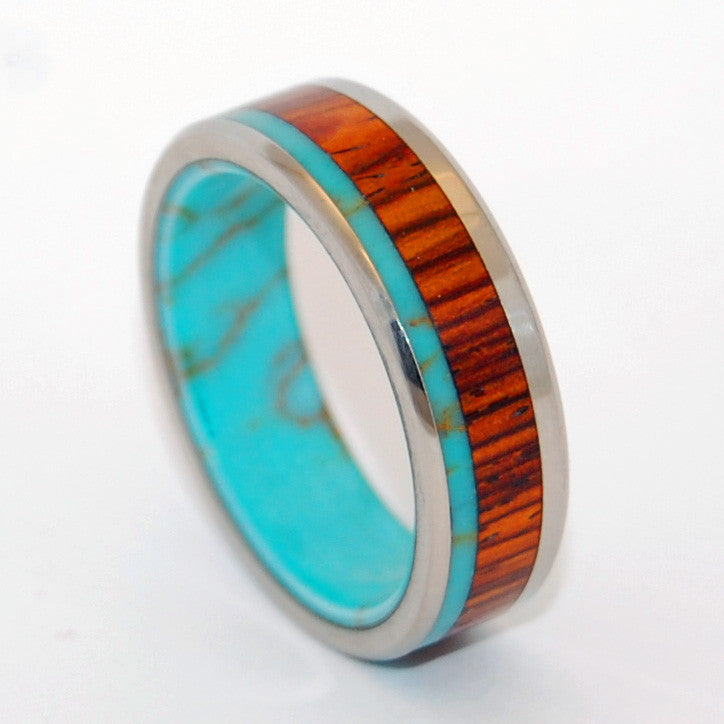 FORESTS OF TIBET | Tibetan Turquoise & Cocobolo Wood Titanium Wedding Rings - Minter and Richter Designs