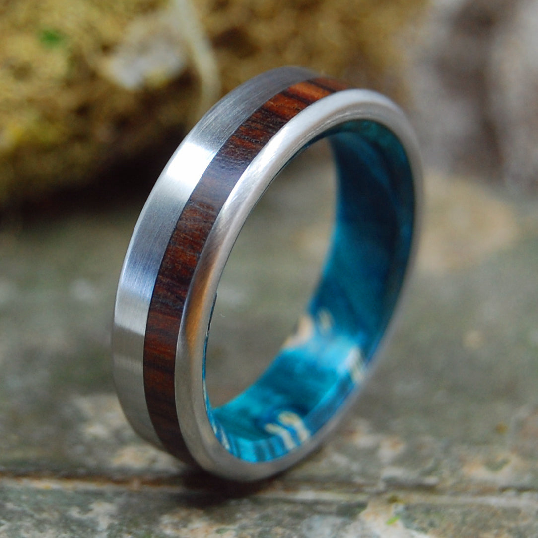 PRIVATE UNIVERSE | Blue Box Elder Wood & Cocobolo Wood Titanium Wedding Rings - Minter and Richter Designs
