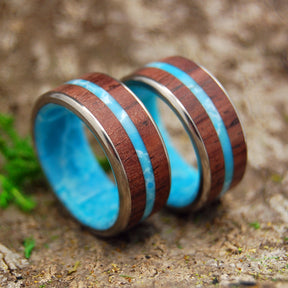 MAN FROM THE SEA | Cocobolo Wood & Dominican Larimar Stone Titanium Wedding Rings - Minter and Richter Designs