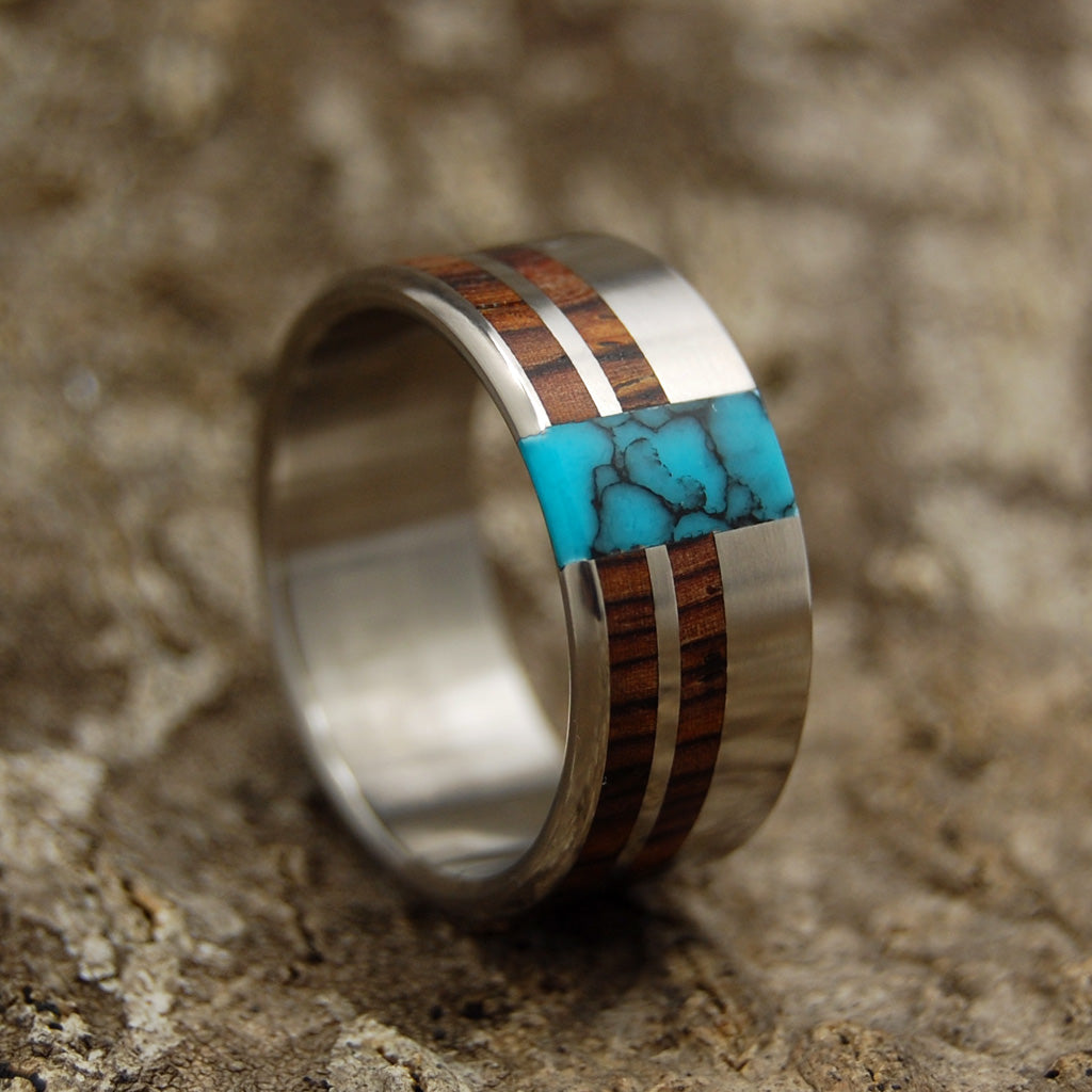 COMET & CONSTELLATION | Cocobolo Wood & Turquoise Titanium Men's Wedding Rings - Minter and Richter Designs