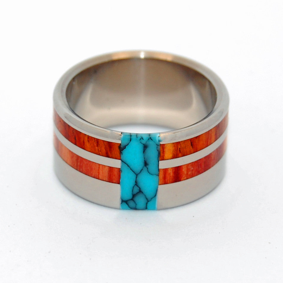 COMET & CONSTELLATION | Tulip Wood, Cocobolo Wood & Turquoise Titanium Men's Wedding Rings - Minter and Richter Designs