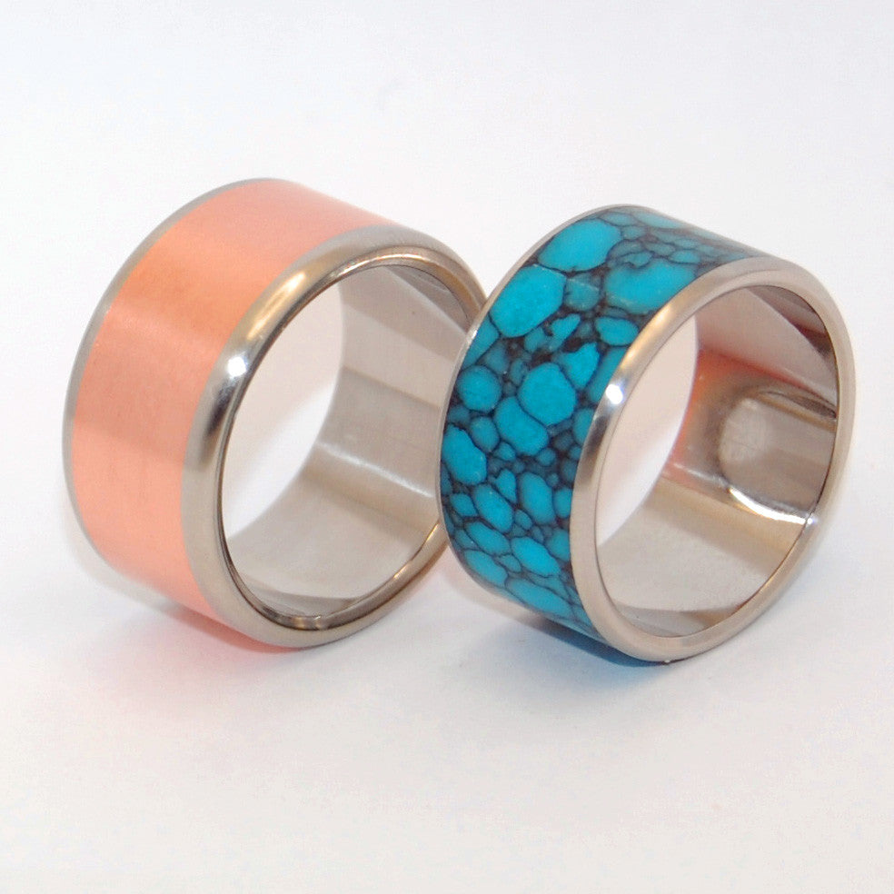 NEW SPIN OLD EARTH | Copper &Turquoise Stone Titanium Wedding Rings Set - Minter and Richter Designs