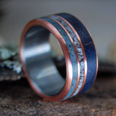 ZADKIEL | Blue Maple Wood,  Nice France Beach Sand Moose Antler and Copper - Titanium & Copper Men's Wedding Rings - Minter and Richter Designs