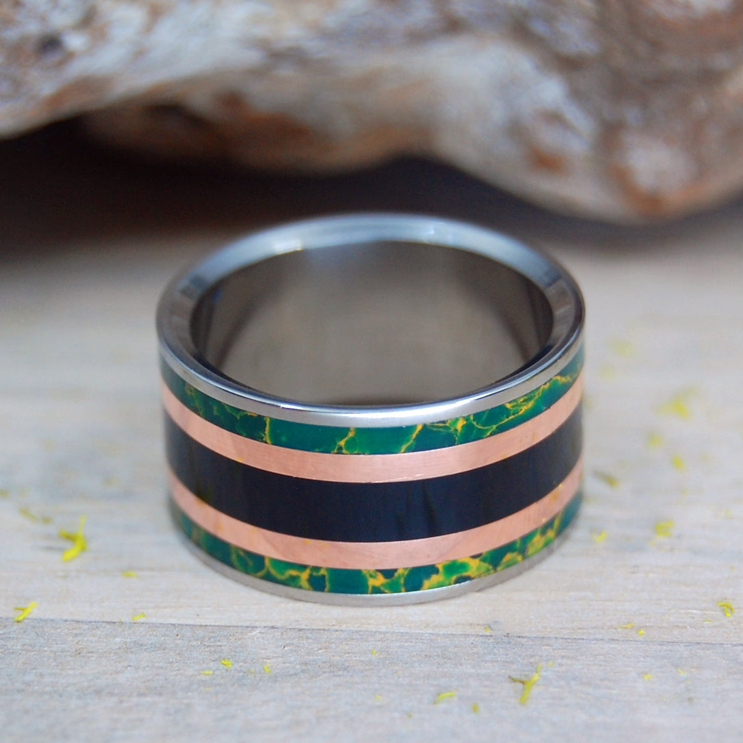 THE WISE DON'T BLINK | Copper, Egyptian Jade, Onyx Stone - Titanium & Copper Men's Wedding Rings - Minter and Richter Designs