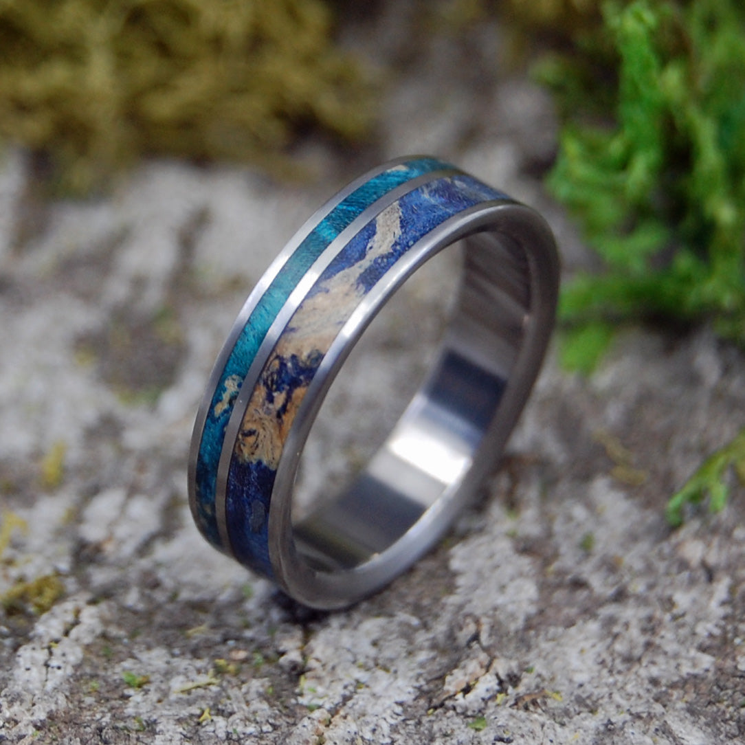 BLUE BOX ELDER BLISS | Titanium & Blue Box Elder Wood Wedding Rings - Minter and Richter Designs