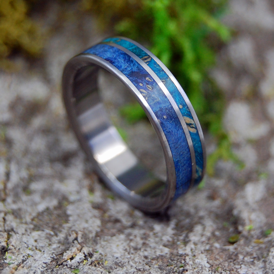 BLUE BOX ELDER BLISS | Titanium & Blue Box Elder Wood Wedding Rings - Minter and Richter Designs