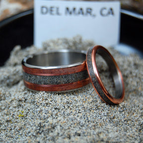 MEET ME AT DELMAR BEACH | Amboyna Burl & Beach Sand Titanium Wedding Ring Set - Minter and Richter Designs