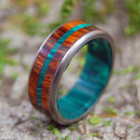 IN THE MIDST OF DESERT IRONWOOD | Malachite Stone & Wood Titanium Wedding Rings - Minter and Richter Designs