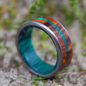 IN THE MIDST OF DESERT IRONWOOD | Malachite Stone & Wood Titanium Wedding Rings - Minter and Richter Designs