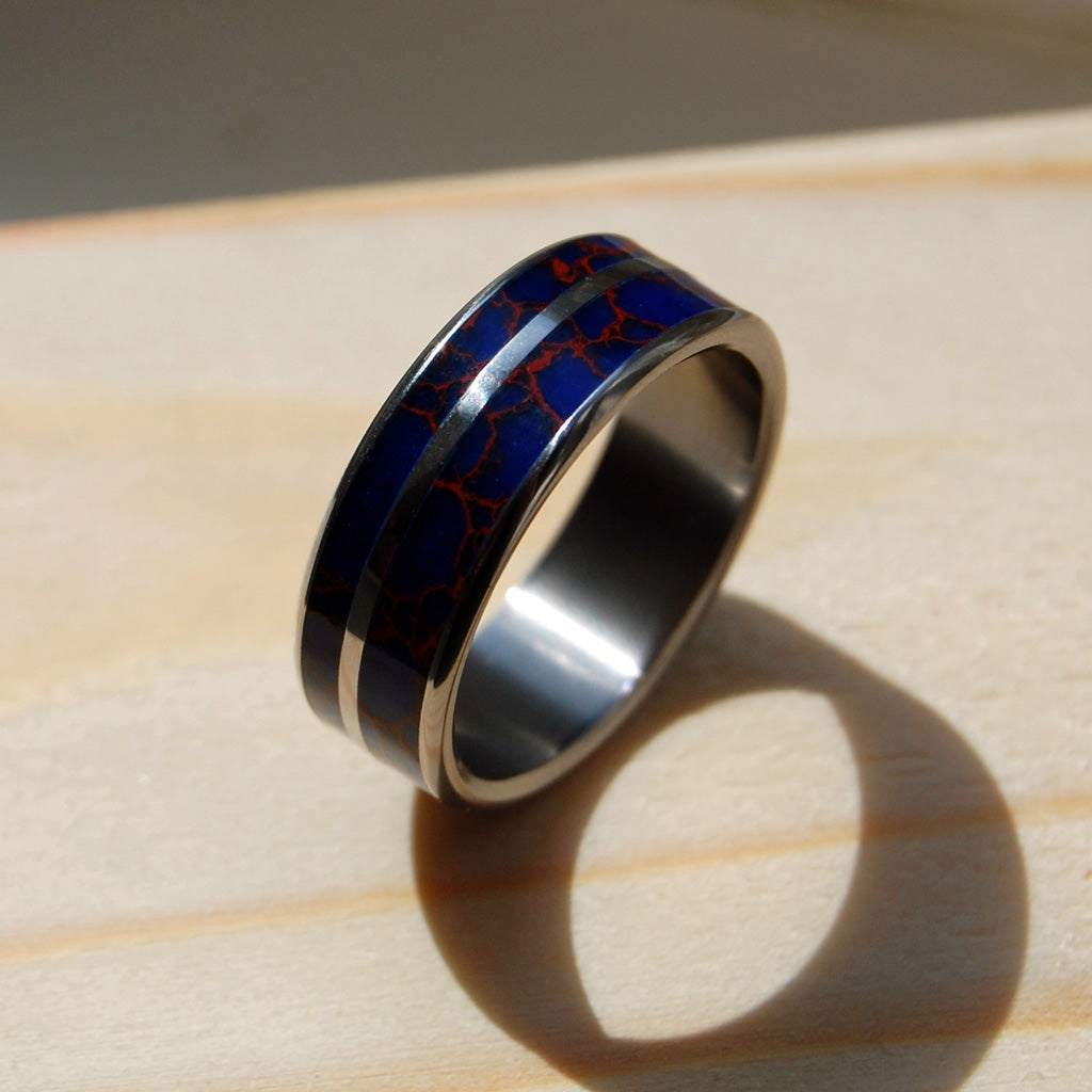 BLUE DESIRE | Blue & Red Brown Jasper Stone & Titanium Wedding Rings - Minter and Richter Designs