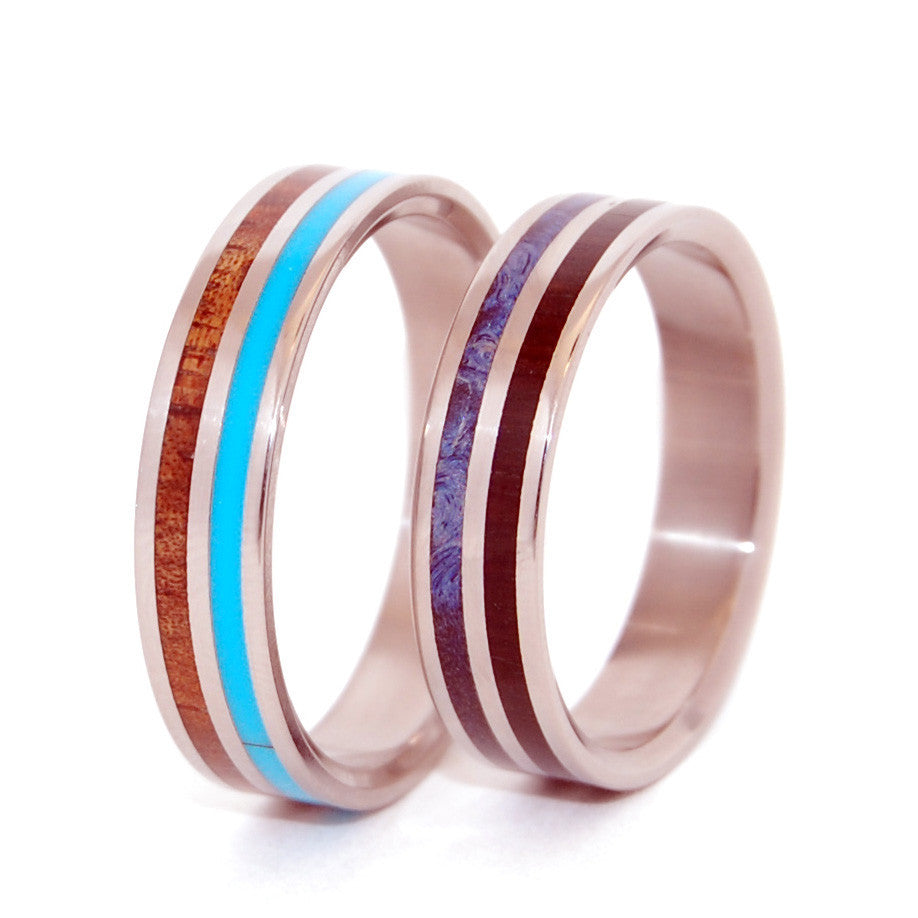 WALKING ALONG HOLDING HANDS | Turquoise Resin & Hawaiian Koa Wood - Unique Wedding Rings - Minter and Richter Designs