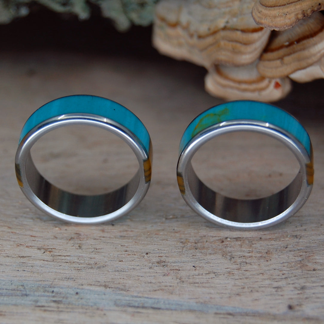 GOLD RUSH TIGER | Turquoise & Tiger Eye - Titanium Wedding Rings - Minter and Richter Designs