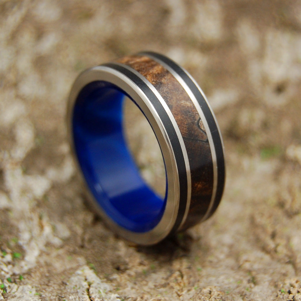 DREAM KING | Dark Maple Wood & Black Onyx Blue Marbled Opalescent Resin Titanium Wedding Rings - Minter and Richter Designs