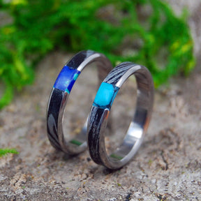 DESIRE'S WHIRLWIND | Turquoise Black M3 & Titanium - Unique Wedding Rings - Wedding Rings Set - Minter and Richter Designs