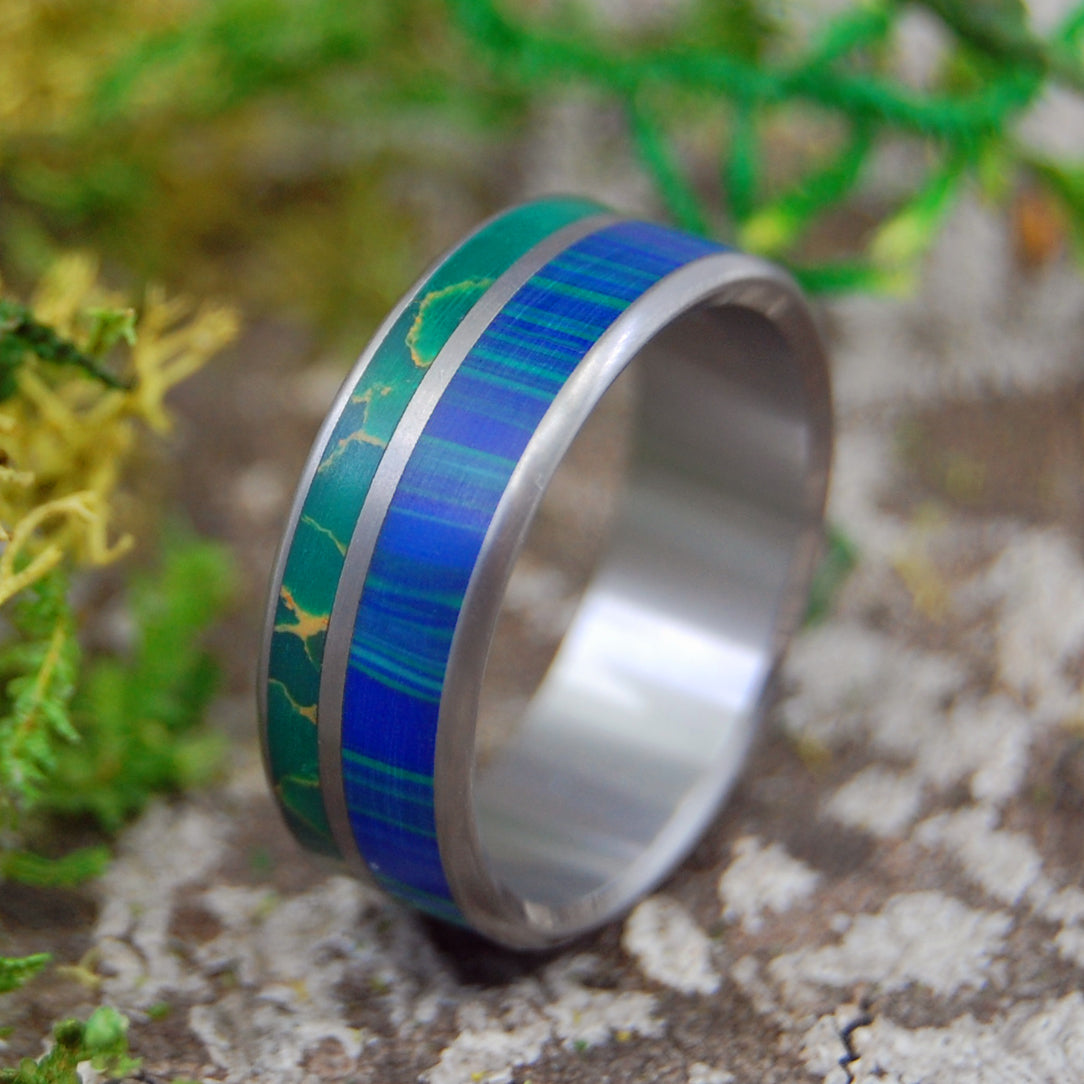 WIND FROM EARTH TO OCEAN | Jade & Azurite Stone Titanium Wedding Rings - Minter and Richter Designs