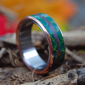 JADE IN THE DESERT | Redwood & Egyptian Jade - Copper Titanium Wedding Rings - Minter and Richter Designs