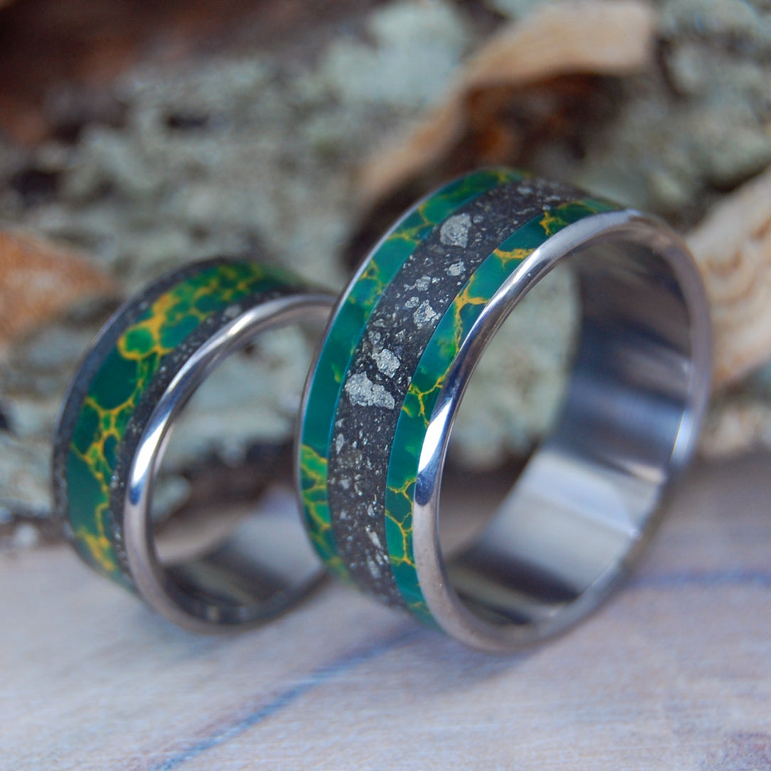 FOOL FOR LOVE I & II | Fools Gold & Egyptian Jade - Unique Wedding Rings Set - Minter and Richter Designs