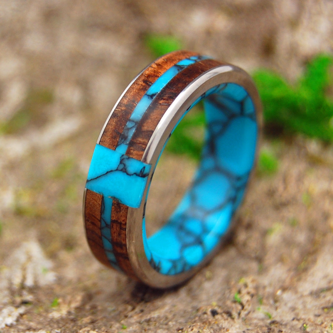 ETERNAL TURQUOISE CROSS | Koa Wood & Turquoise Titanium Wedding Rings - Minter and Richter Designs