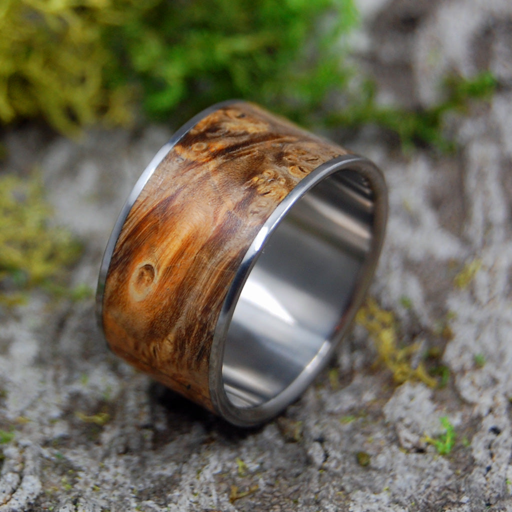 Fan The Flame | SIZE 12 AT 12.5MM | Golden Box Elder Wood | Titanium Wedding Rings | On Sale - Minter and Richter Designs