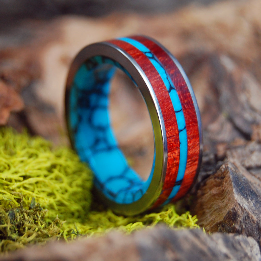FLAT IN THE MIDST OF THE WATERS | Bloodwood & Turquoise Titanium Wedding Rings - Minter and Richter Designs