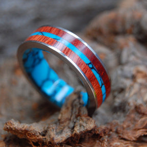 FLAT IN THE MIDST OF THE WATERS | Bloodwood & Turquoise Titanium Wedding Rings - Minter and Richter Designs