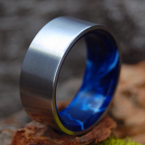 FLAT SWIRLING SEA | Vintage Blue Resin & Titanium - Unique Wedding Rings - Blue Rings - Minter and Richter Designs