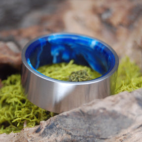 FLAT SWIRLING SEA | Vintage Blue Resin & Titanium - Unique Wedding Rings - Blue Rings - Minter and Richter Designs