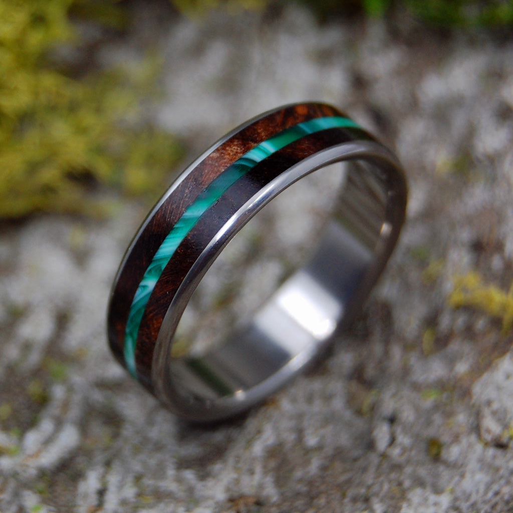 Flyer | SIZE 12.25 AT 6.4MM | Green Vintage Resin & Maple Wood | Titanium Wedding Rings | On Sale - Minter and Richter Designs