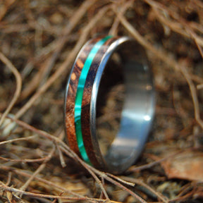 FLYER | Green Vintage Resin & Dark Maple Wood Unique Titanium Wedding Rings - Minter and Richter Designs