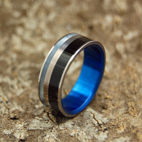 BLUE FORTRESS | Onyx Stone & Gray Pearl Marbled Opalescent Titanium Wedding Rings - Minter and Richter Designs