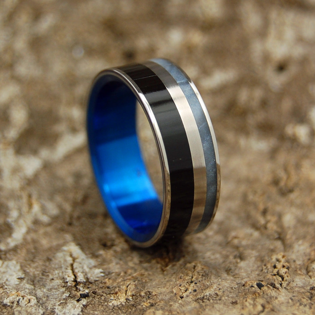 BLUE FORTRESS | Onyx Stone & Gray Pearl Marbled Opalescent Titanium Wedding Rings - Minter and Richter Designs