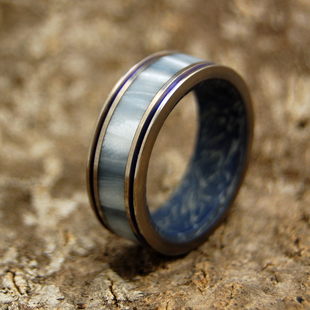 GANDALF | Gray Pearl Opalescent Resin & M3 Blue Silver Titanium Wedding Rings - Minter and Richter Designs