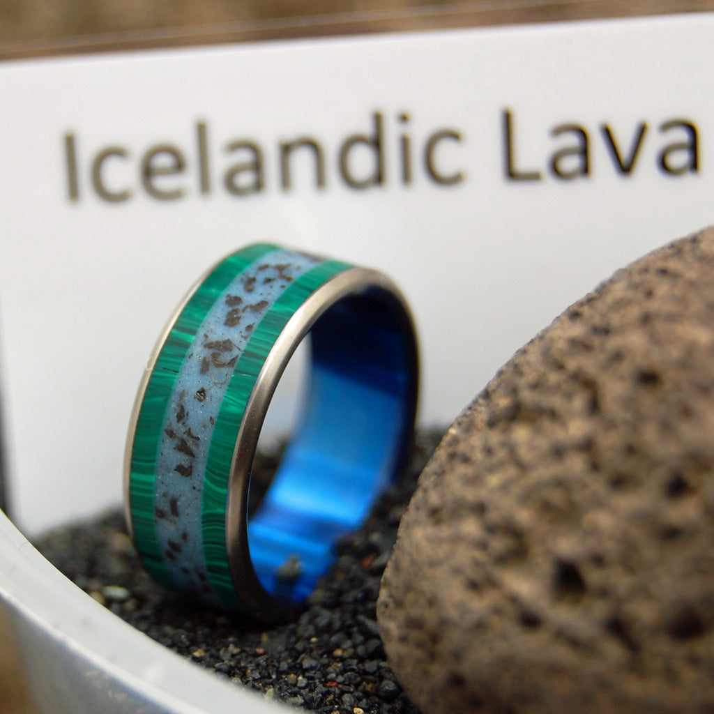 ON THE RING ROAD | Beach Sand & Icelandic Lava Malachite Titanium Wedding Rings - Minter and Richter Designs