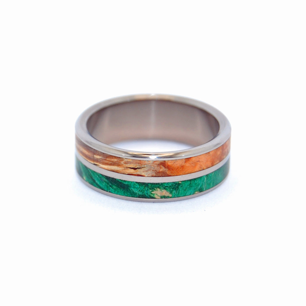 GIVING TREE | Green Box Elder Wood & Light Maple Titanium Wedding Rings - Minter and Richter Designs