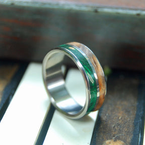 GIVING TREE | Green Box Elder Wood & Light Maple Titanium Wedding Rings - Minter and Richter Designs